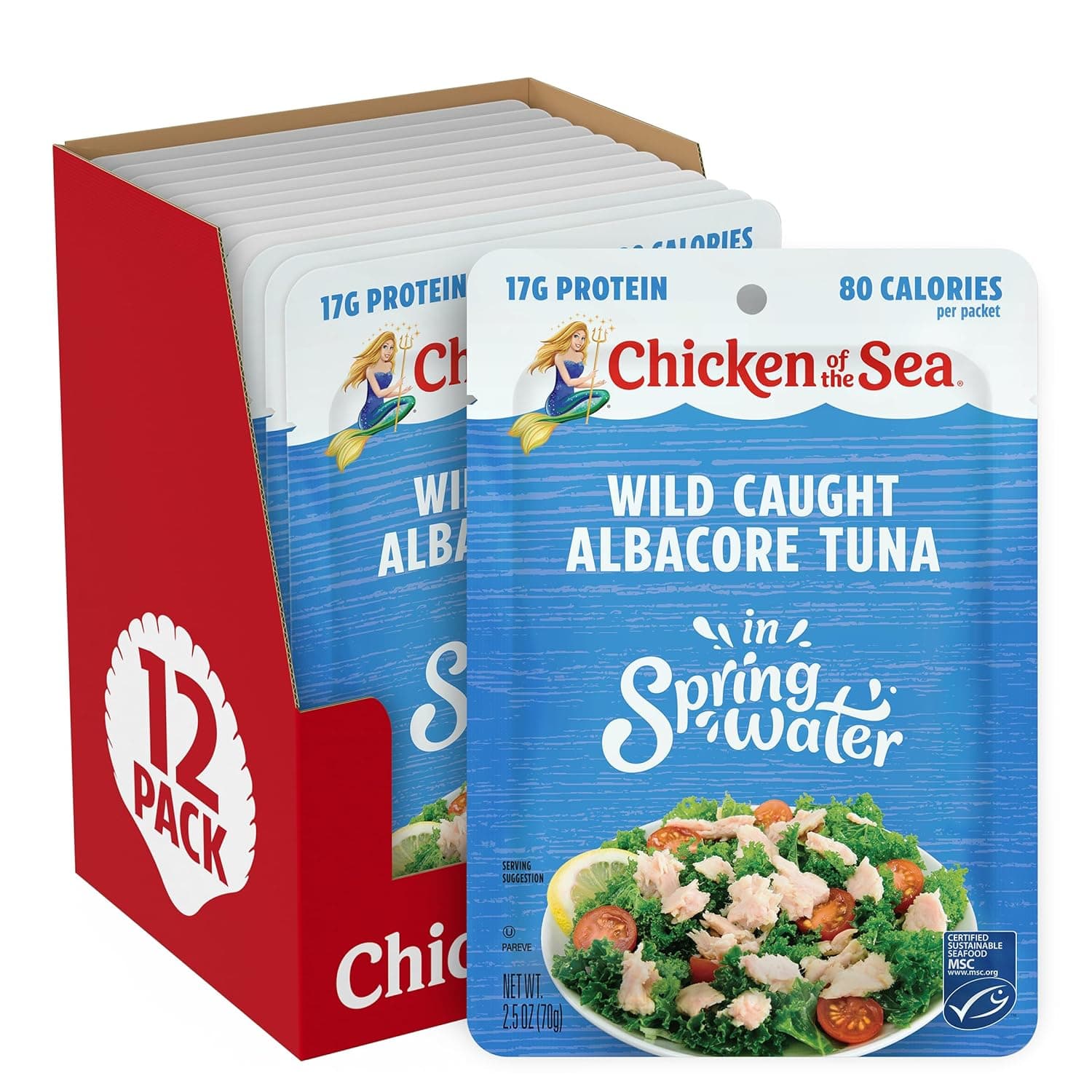 Chicken of the Sea Albacore Tuna in Water Packet, 2.5 Ounce Packets (Pack of 12), Wild Caught Tuna, Gluten-Free