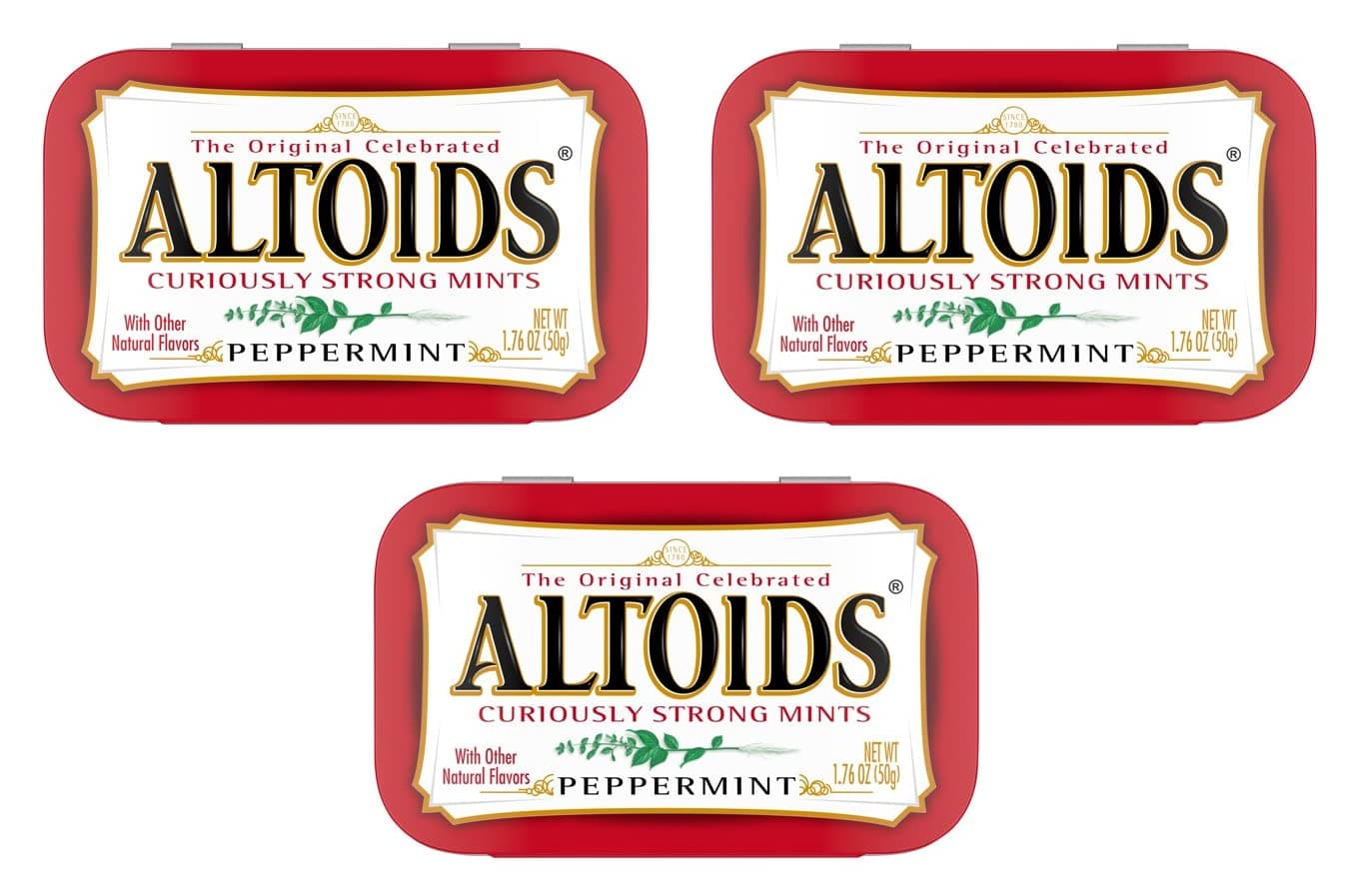Altoids Curiously Strong Breath Mints, Peppermint, 1.76-Ounce Tins, 3-Pack